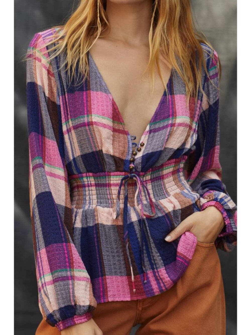 Anthropologie Pilcro Plaid Deep-V Blouse Pink Blue Plaid Babydoll Preppy Size MP